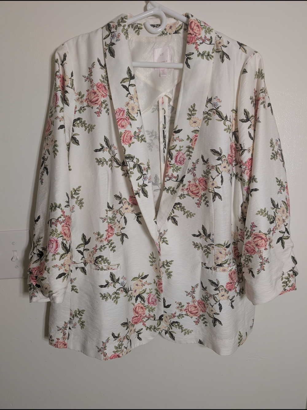 LC Lauren Conrad White Floral Open-Front Tunic Jacket with Pink Roses